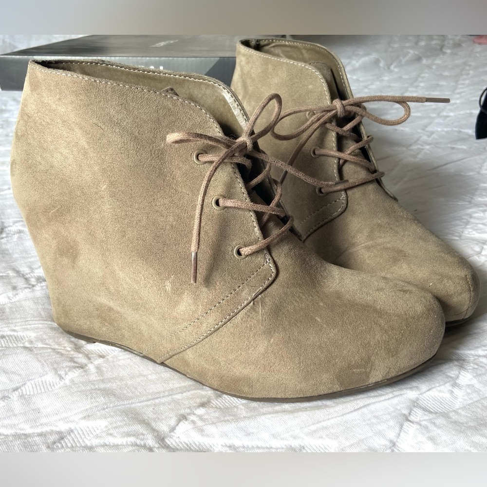 X appeal suede taupe wedge booties, lace up. 3in heel
